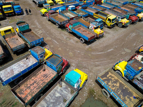 Hundreds of Cargo Trucks Parked at Truck Yard in  Dhaka, Bangladesh