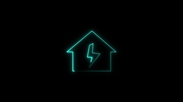 A neon outline forms a modern house icon on the black background. Bright electrical energy flows through the house icon. Glowing lines enhance the smart house icon.