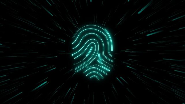 Cyan neon fingerprint icon animation displays streaking light trails. Fingerprint icon biometric scanner features fast light motion lines. Icon animation layout is sleek.