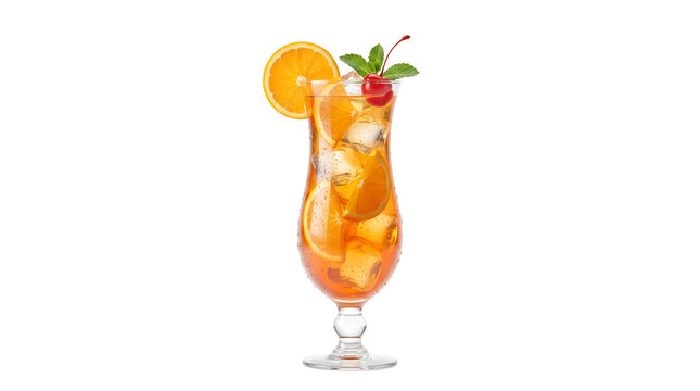 Tropical orange cocktail with ice and cherry garnish, refreshing fruit punch drink, summer hurricane glass beverage on white background