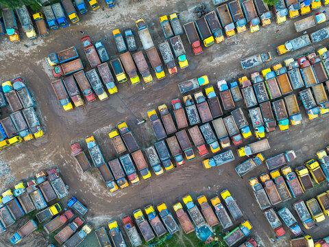 Hundreds of Cargo Trucks Parked at Truck Yard in  Dhaka, Bangladesh