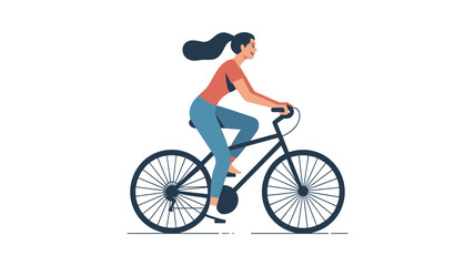 Fototapeta premium Young woman with a ponytail riding a black bicycle on a white background, representing eco-friendly transportation and active lifestyle.