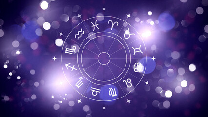 Astrology zodiac signs chart on a dark purple background with bright light spots © fotofabrika