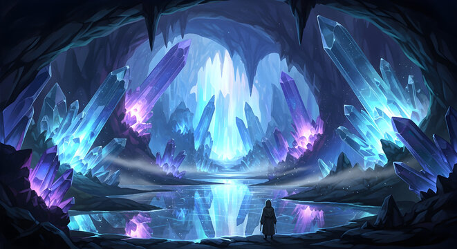 Mysterious traveler standing before a glowing crystal cavern with a subterranean lake