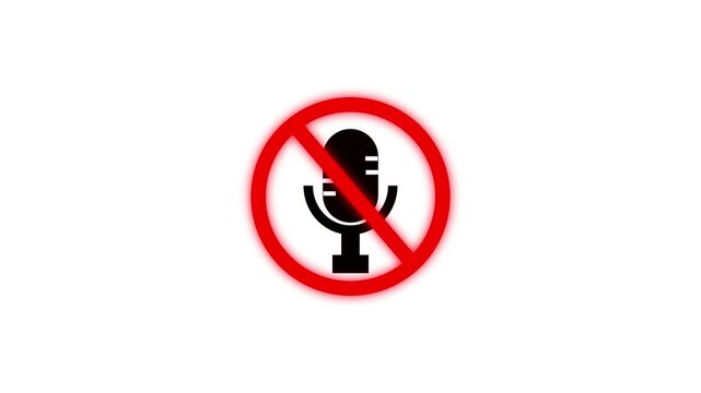 Audio settings graphic displays a muted black microphone icon design. Red ban symbol clearly crosses out the microphone icon. Silent recording concept uses this microphone icon.