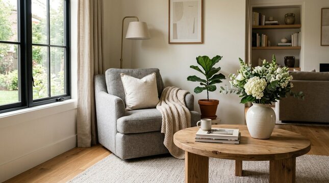 Stylish living room corner with plush grey armchair beside round wooden coffee table holding low ceramic vase with hydrangea and fiddle leaf fig