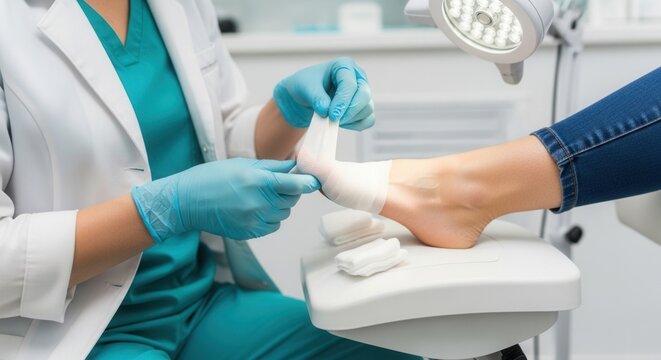 Podiatrist applying bandage to patient's foot for treatment and healing in clinic