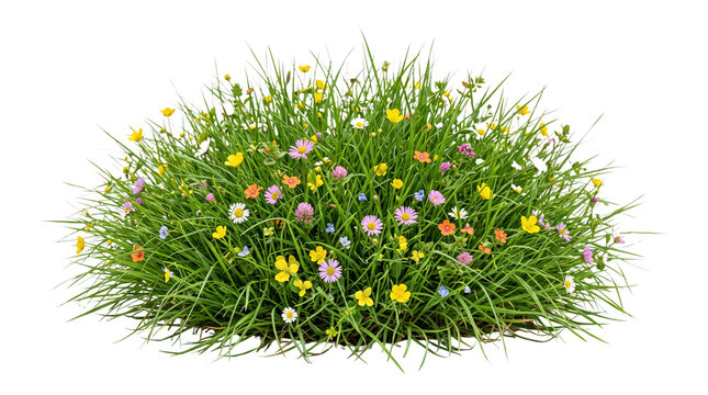 Wildflower grass tuft isolated on white, vibrant spring meadow plant with colorful blossoms, green garden foliage for landscape design