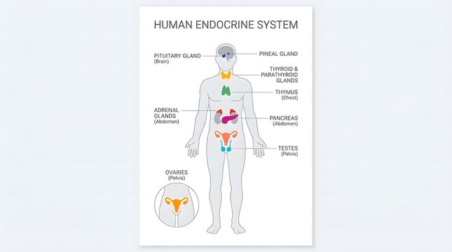 Medical illustration of the human endocrine system showing the locations of major glands in the body.