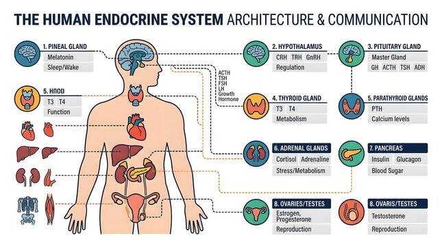 Educational infographic vector illustration of the human endocrine system showing glands and hormones.