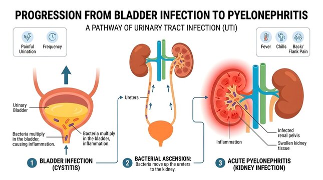 Medical infographic illustrating the progression of a urinary tract infection from a bladder infection to acute pyelonephritis.