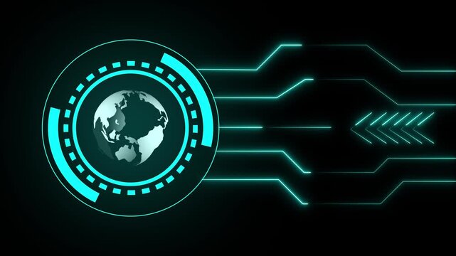 Cyber network interface features a glowing cyan globe design. Circuit lines send data across the cyan globe. Global digital connections join the cyan globe.