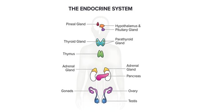 Medical illustration of the human endocrine system showing major glands and organs.