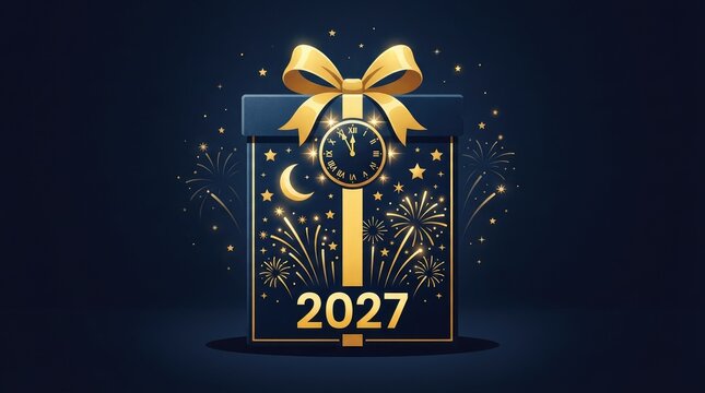 New year 2027 celebration gift box with clock and fireworks