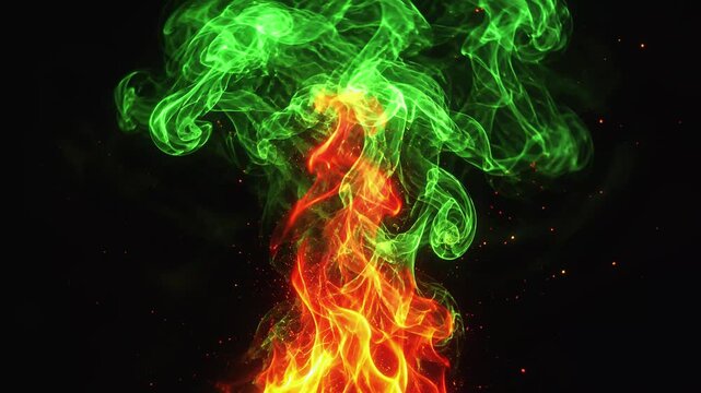 Dynamic orange flames and ethereal grey smoke interact, creating an abstract contrast on a dark background with sparks.