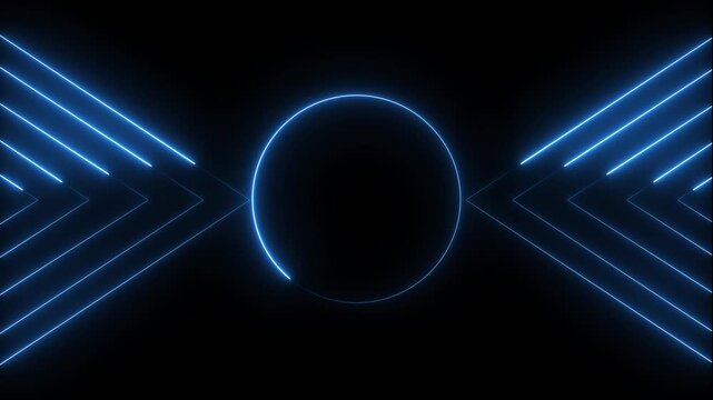 Modern abstract graphic artwork presents blue neon geometric shapes. Dynamic arrows surround these blue geometric shapes. Cyber motion animates the geometric shapes.