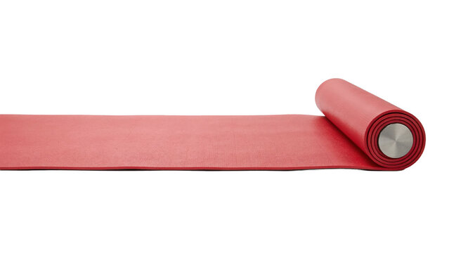Long red yoga mat rolled up with a silver metal core on a white surface isolated on a transparent background