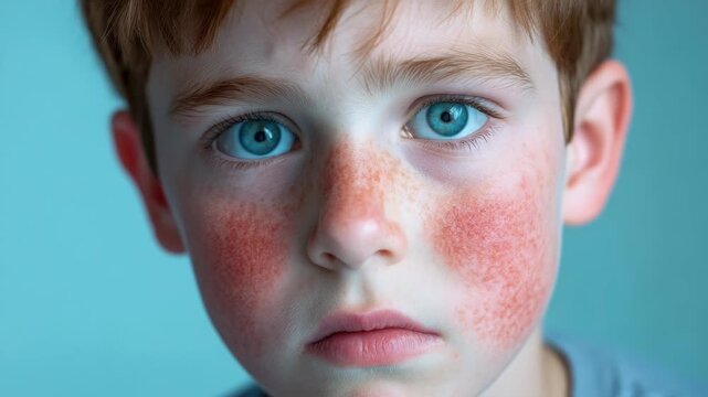 Close-up portrait of a young boy with red hair, blue eyes, and freckles