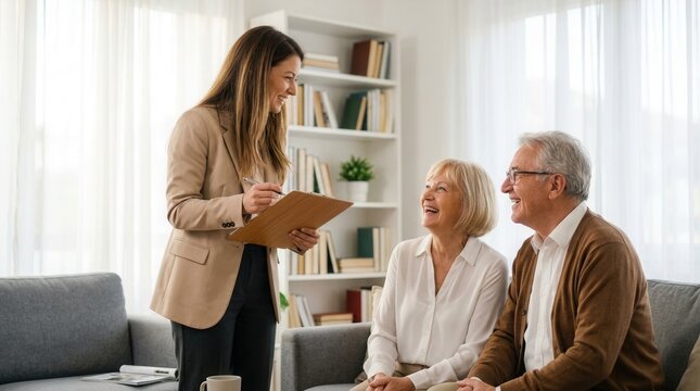 Happy elderly couple talking with a friendly female social worker at home