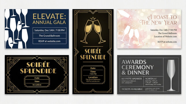 Elegant gala invitation card set, luxury art deco event flyers, gold and black formal dinner party templates