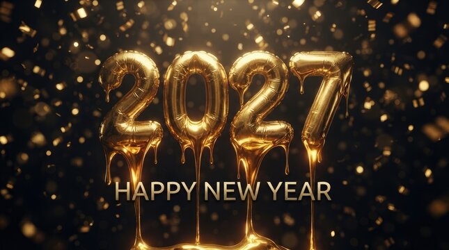 2027 happy new year gold balloon numbers with dripping liquid gold