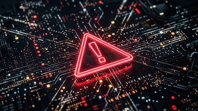 Cybersecurity threat intelligence alert featuring a red warning triangle on a digital matrix for fraud detection.