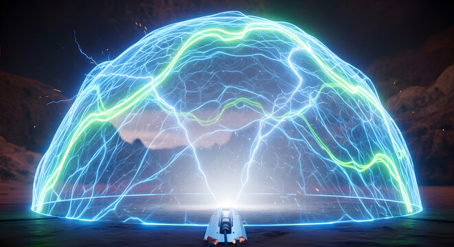 Sci-fi force field dome emitting blue electric energy on a rocky alien planet