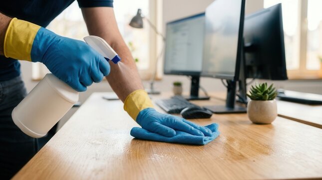 Janitor wearing gloves using a spray bottle and cloth to clean an office desk, showcasing professional workplace sanitation and commercial cleaning services.