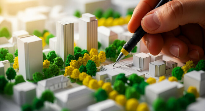 Hand pointing at a miniature city model. Architect planning a sustainable neighborhood with tiny buildings and trees. Real estate development and urban planning concept for construction and.