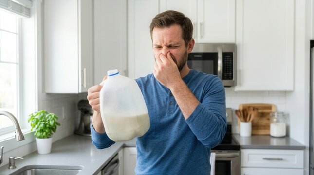 Concept of food safety and household misfortune as a man inspects spoiled milk and holds his nose in the kitchen