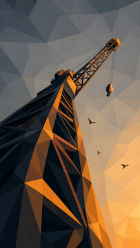Worms Eye View Low Poly Construction Crane for Labor Day Industry Design