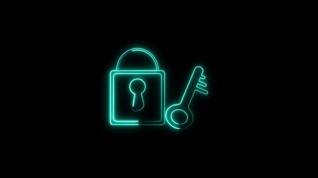 Cyber security concept displays an illuminated neon lock and key icon. Digital access protection secures this lock and key. High tech encryption guards the lock and key.