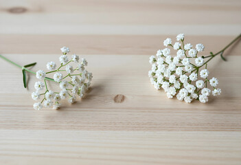 Naklejka premium Delicate babys breath flowers on a light wooden background purity innocence and celebration for weddings and events