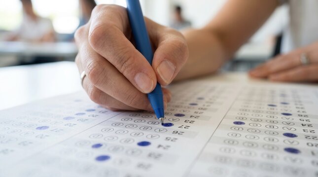 Student marking answers on a standardized test form during an academic evaluation