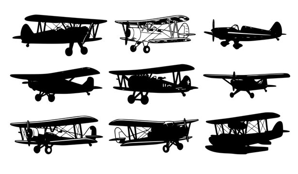 Vintage retro airplane collection with classic biplanes propeller aircraft and historic aviation vector set