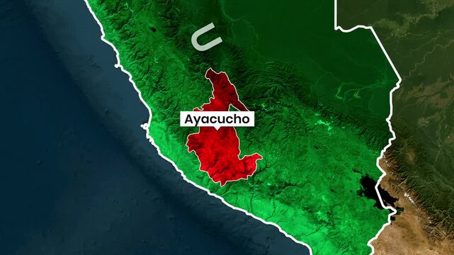 Ayacucho region highlighted on animated map of Peru motion footage