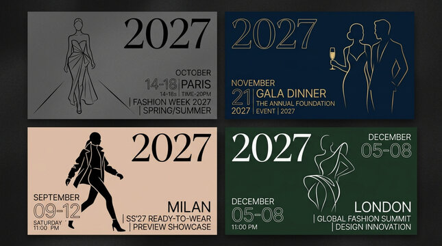 Elegant 2027 event invitation cards set, luxury gala dinner and fashion week tickets, minimalist line art event flyers