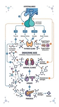 Medical infographic diagram of the endocrine axis and hormonal regulation network showing hypothalamus, pituitary, thyroid, adrenal glands, gonads, and pancreas.