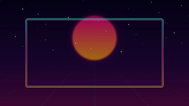 A vibrant neon sunset frame set against a dark starry retro vaporwave sky