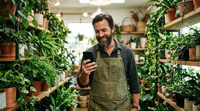 Smiling bearded shopkeeper in green canvas apron standing inside lush plant nursery, looking down at black smartphone, surrounded by tropical potted plants on wooden shelves