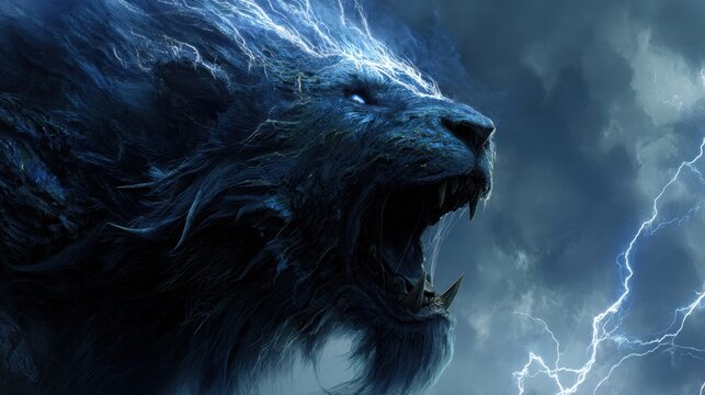 Mechanical Thunder Lion Roaring Amidst a Dark Storm With Lightning Strikes
