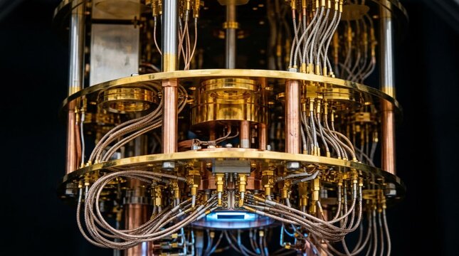 Macro close-up of gold-plated quantum computing processor's dilution refrigerator chamber, featuring cascading tiered cylindrical structures, intricate copper wiring, and superconducting cryogenic