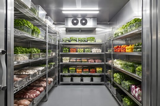 Commercial Walk In Refrigerator with Stainless Shelving and Organized Fresh Ingredients Creates Efficient Kitchen Storage