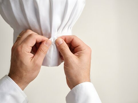 Close-up of Man's Hands Fastening Buttons on a White Professional Shirt