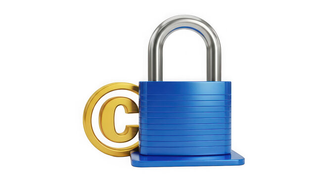 Blue metal padlock with a golden copyright symbol icon isolated on transparent background