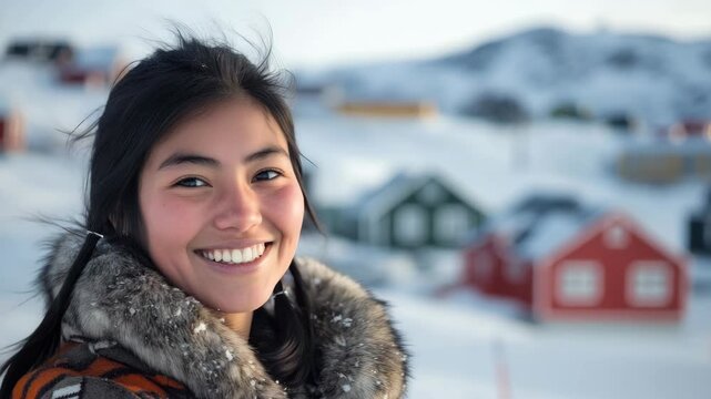 Smiling Asian Woman in Fur-Lined Parka in a Snowy Nordic Village