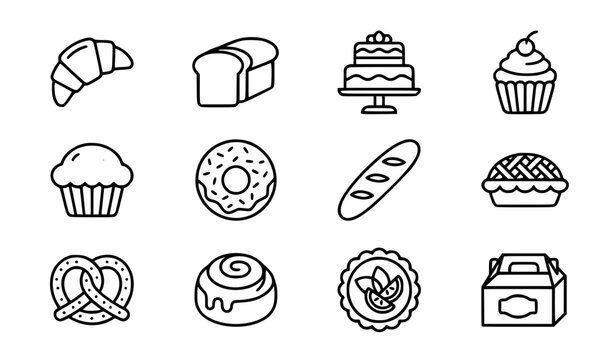 Pastry and bakery thin line icon set with bread cake muffin croissant donut and dessert vector