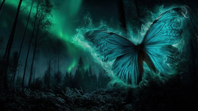 Sapphire Butterfly Dissolving Into Ethereal Aurora Over Dark Forest