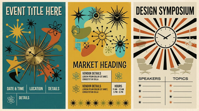 Mid-century modern event posters, retro starburst and clock flyer templates, vintage atomic age graphic design set