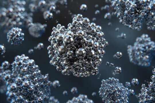 Metallic Nanoparticle Clusters with Reflective Nano Spheres Suspended in Clean High Detail Scientific Research Space